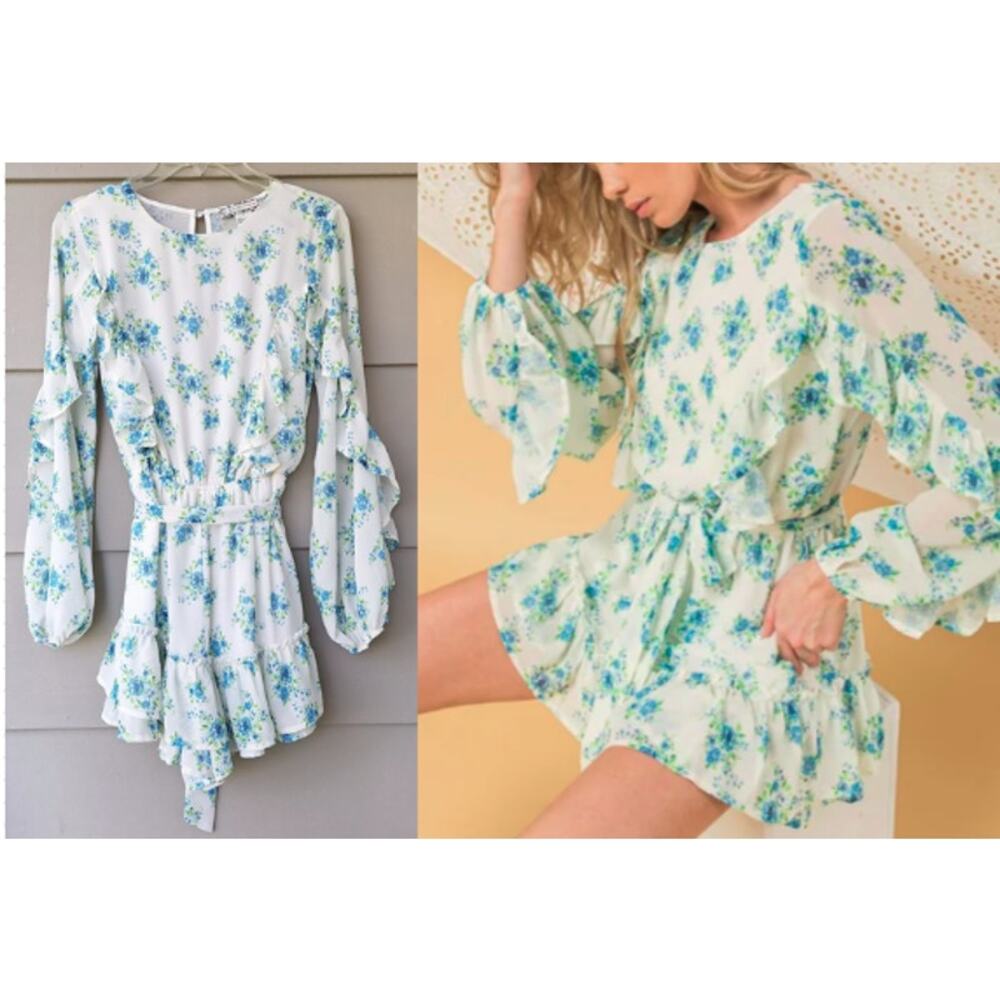 A. CALIN x Flying Tomato Cottage Ruffle Floral Balloon Sleeves Romper Size S
